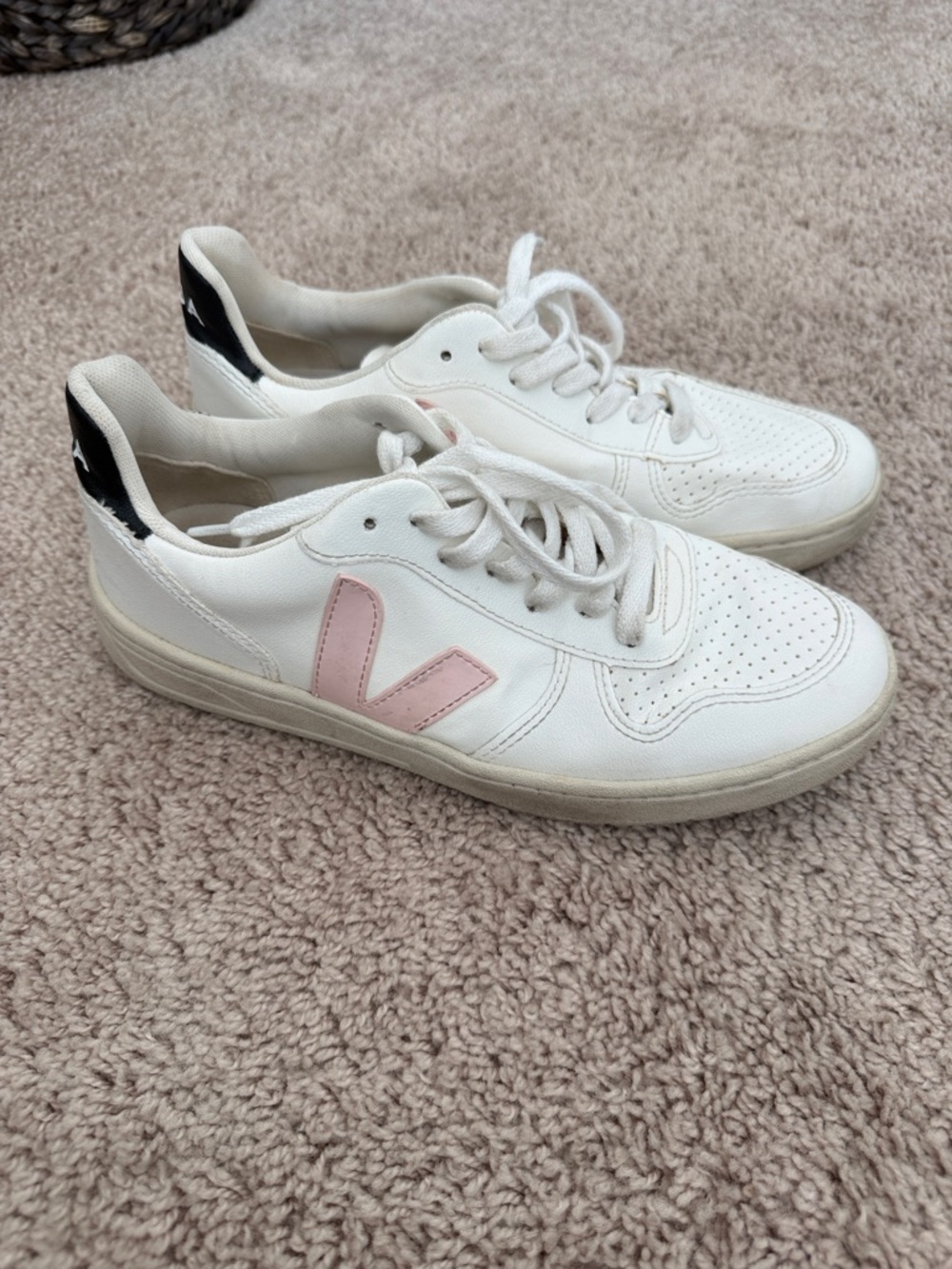 Veja White Sneakers with Pink V and Black Heel Tab